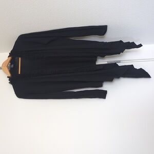 Draped open front cardigan with ruffled trim